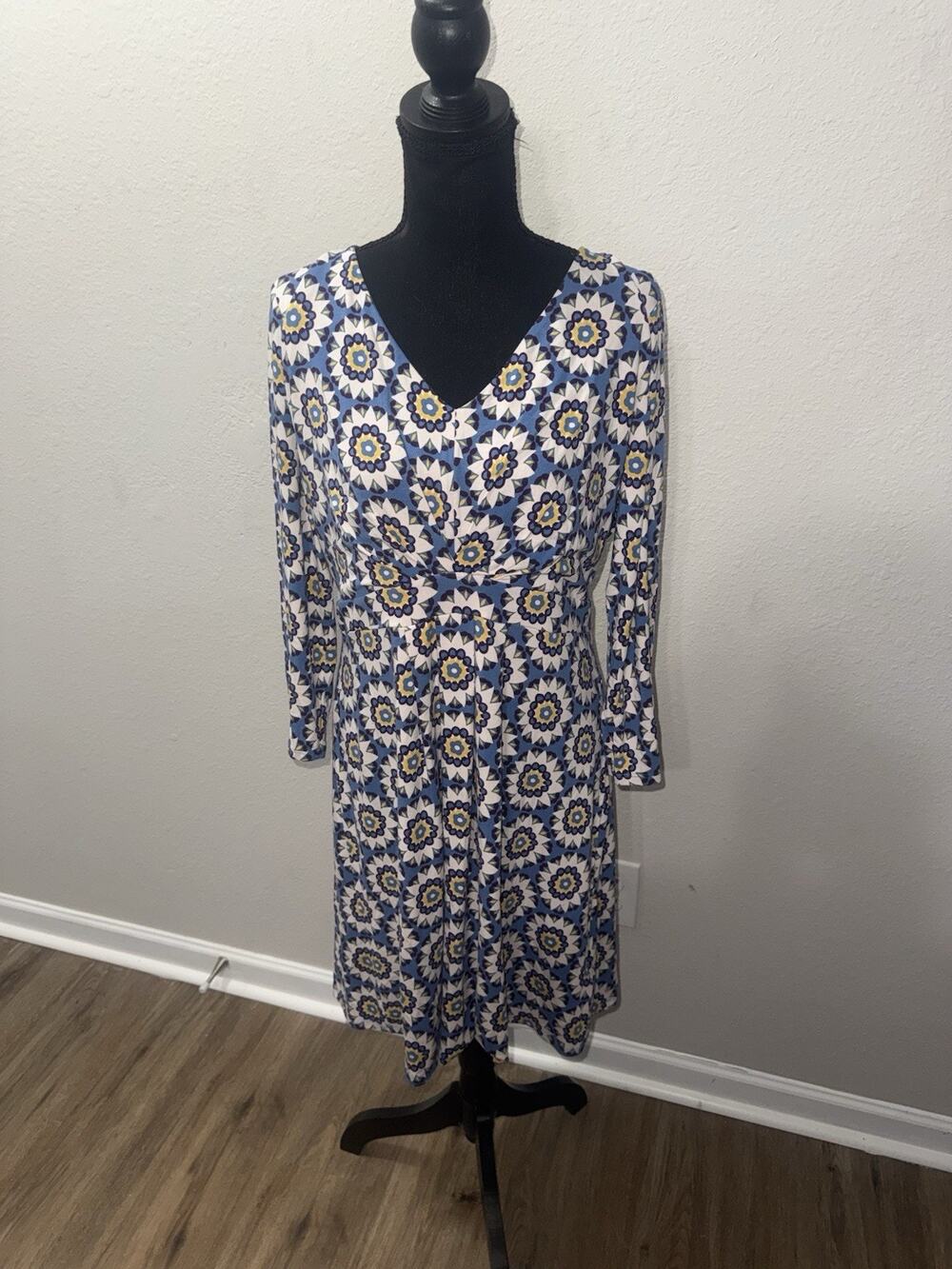 Boden Blue Yellow Medallion Floral Geometric Jersey V-Neck Midi Dress US 14L